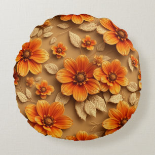 3d burnt orange flowers throw pillow, round cushion