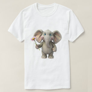 3D Cartoon Baby Elephant Holding Pink Flower T-Shirt