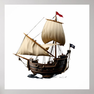 3D Cartoon Galleon with Pirate Flag Poster