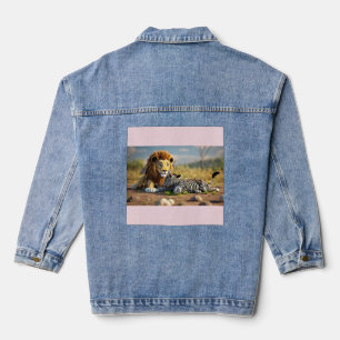 3D Cartoon Lion Eating Zebra – Wild Savannah Scene Denim Jacket