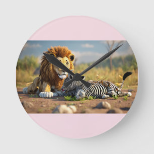 3D Cartoon Lion Eating Zebra – Wild Savannah Scene Round Clock