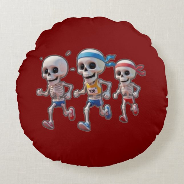 “3D Cartoon Skeleton Race • Funny Running Skeleton Round Cushion (Front)