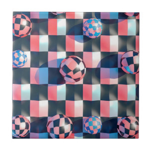 3D Chequerboard Grid with Floating Spheres Pattern Ceramic Tile