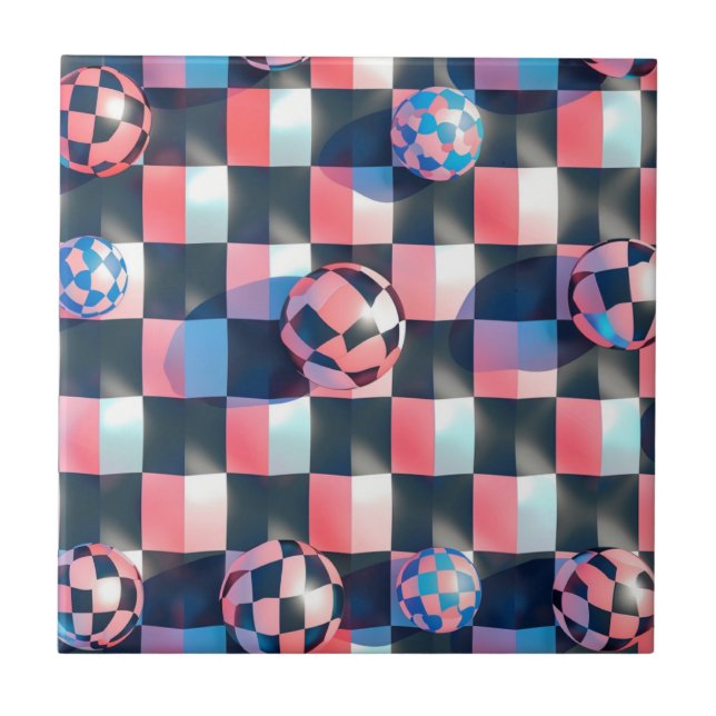 3D Chequerboard Grid with Floating Spheres Pattern Ceramic Tile (Front)