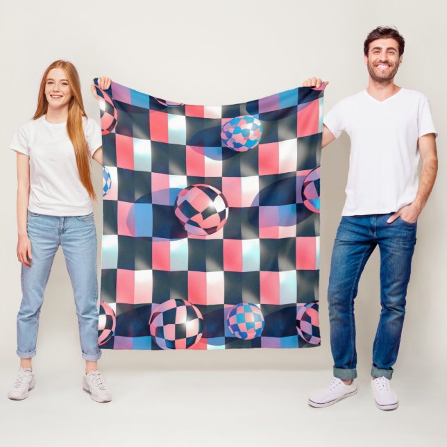 3D Chequerboard Grid with Floating Spheres Pattern Fleece Blanket (In Situ)