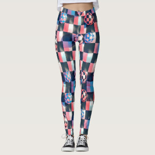 3D Chequerboard Grid with Floating Spheres Pattern Leggings