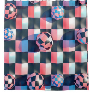 3D Chequerboard Grid with Floating Spheres Pattern Shower Curtain