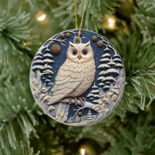 3D Chirstmas Cute White Owl Animal  Ceramic Ornament