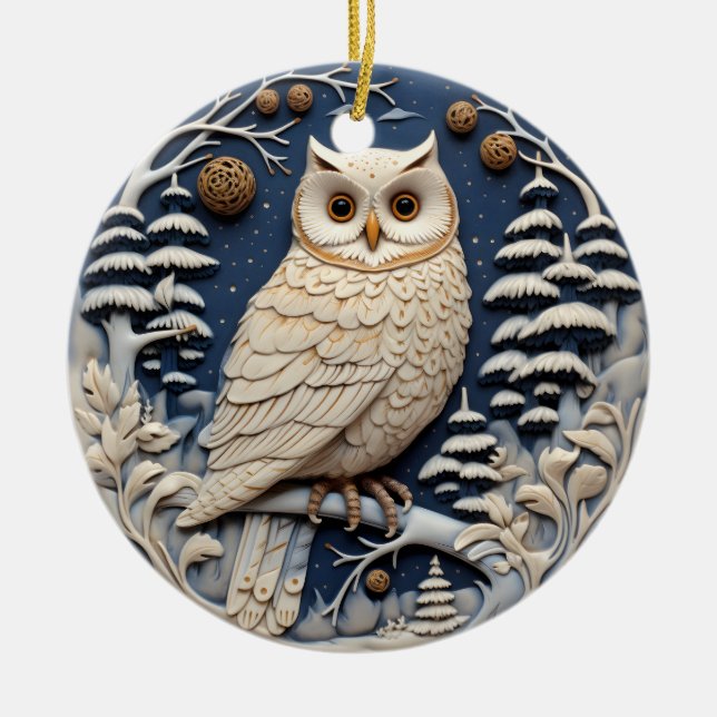 3D Chirstmas Cute White Owl Animal  Ceramic Ornament (Front)