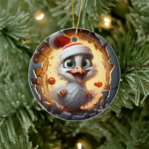 3D Christmas Bird With A Santa Hat Ceramic Ornament