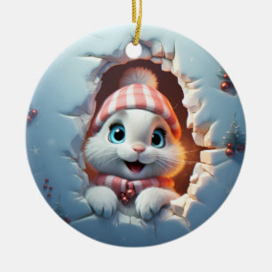 3D Christmas Bunny Ceramic Ornament