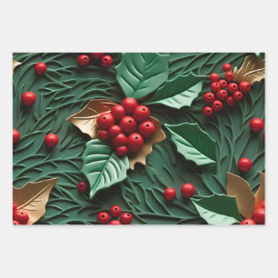 3D Christmas Delight - Holly Leaves & Berries Wrapping Paper Sheet