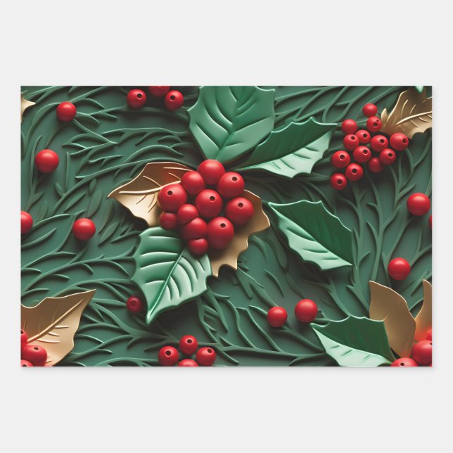 3D Christmas Delight - Holly Leaves & Berries Wrapping Paper Sheet (Front)