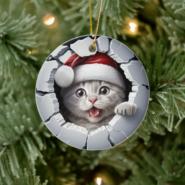 3D Christmas Kitten Ceramic Ornament (Tree)