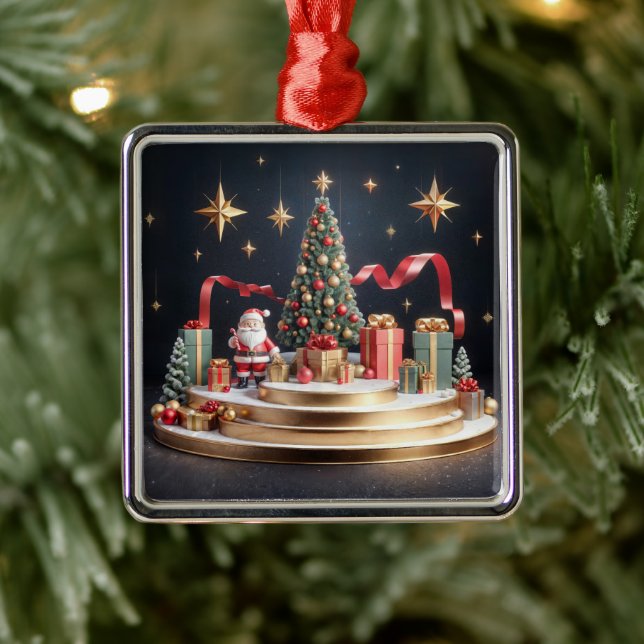 3D Christmas podium with Santa and Christmas tree Metal Ornament (Tree)