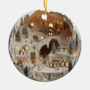 3D Christmas Village Snowy  Ceramic Ornament