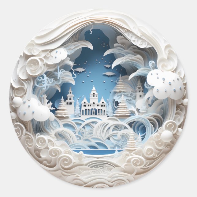 3D Christmas Winter Wonderland Classic Round Sticker (Front)