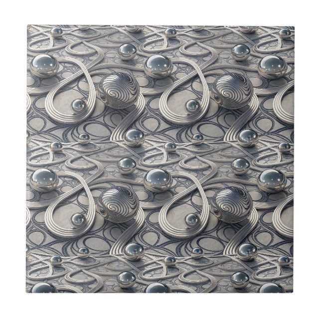 3D Chrome Spheres Abstract Futuristic Pattern Art Ceramic Tile (Front)