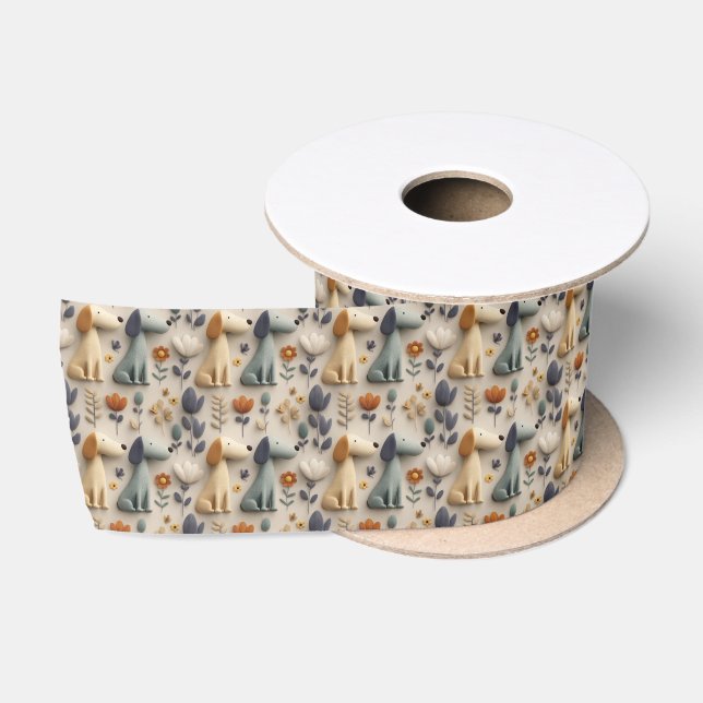 3D clay style seamless pattern with cute dogs Satin Ribbon (Spool)