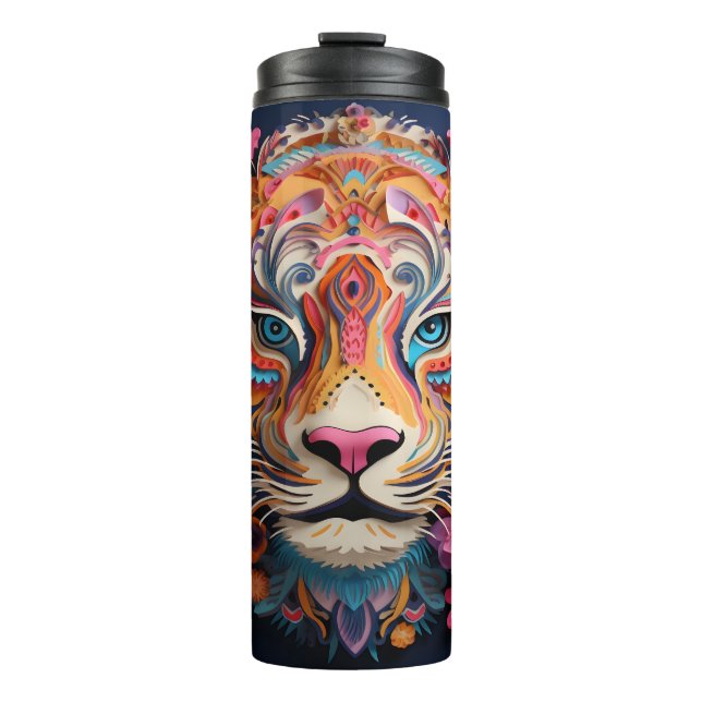 3D Colourful Tiger & Flowers Design  Thermal Tumbler (Front)
