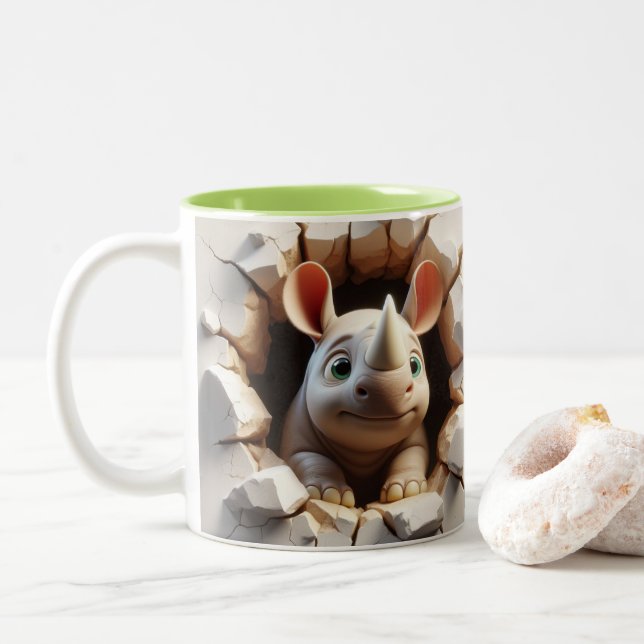 3D Cute Baby Rhinoceros Hot Cocoa Coffee Animals  Two-Tone Coffee Mug (With Donut)