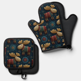 3D Cute Christmas Moose In Sweater Kitchen Oven Mitt & Pot Holder Set