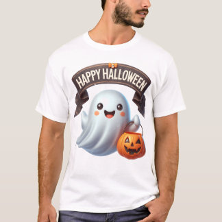 3D Cute Ghost Trick or Treat Happy Halloween Banne T-Shirt