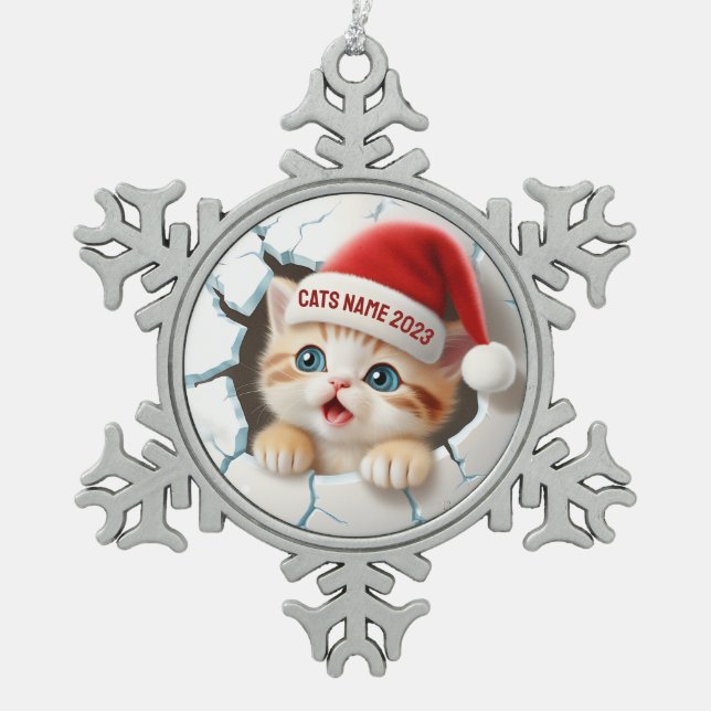 3D Cute Kitten in Santa's Hat for Christmas Snowflake Pewter Christmas Ornament (Front)