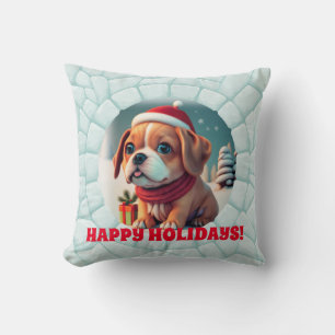 3D Cute Puppy Dog Happy Holidays Christmas Cushion
