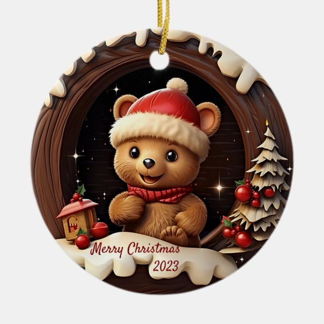 3D Cute Teddy Bear with Santa Hat  Ceramic Ornament (Front)