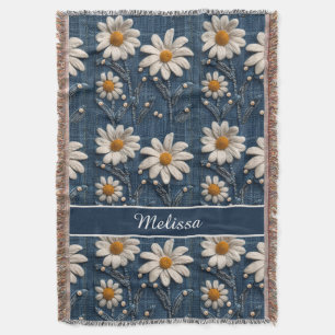 3D Daisy Embroidery Denim Custom Blanket 
