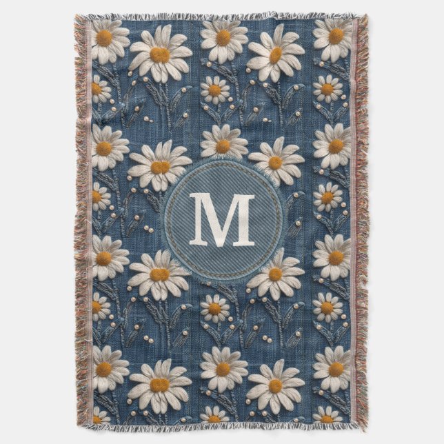3D Daisy Embroidery Denim Custom Blanket  (Front Vertical)