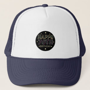 3d dark colourful round happy 70th birthday trucker hat