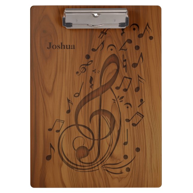 3D Debossed Clef Musical Notes on Wood Clipboard (Front)