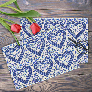 3D Delft Tile Look Romantic Hearts - Blue on Cream Tissue Paper