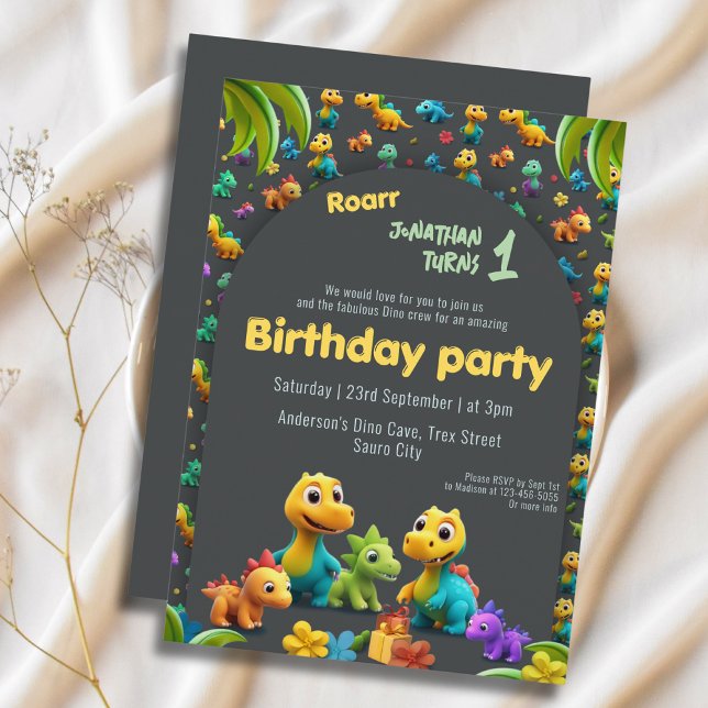 3d Dino cute dinosaur crew 1st birthday Invitation (Creator Uploaded)