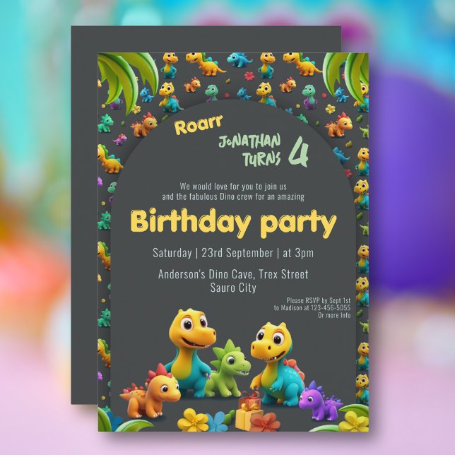 3d Dino cute dinosaur crew 4th birthday Invitation (Creator Uploaded)