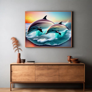 3D Dolphins Ocean Sunset Tropical Beach Vibe  Poster