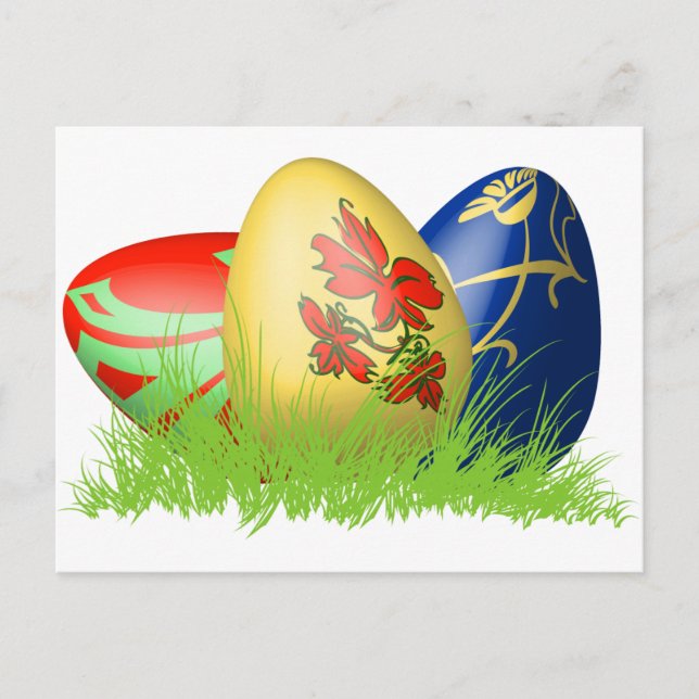 3D easter eggs in grass Holiday Postcard (Front)