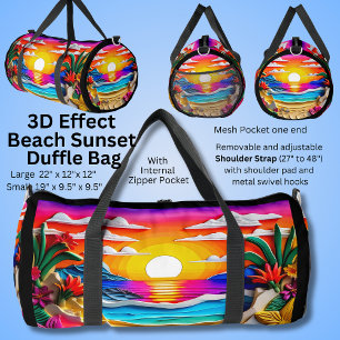 3D Effect, Beach Sunset Flowers Clouds Painting Duffle Bag