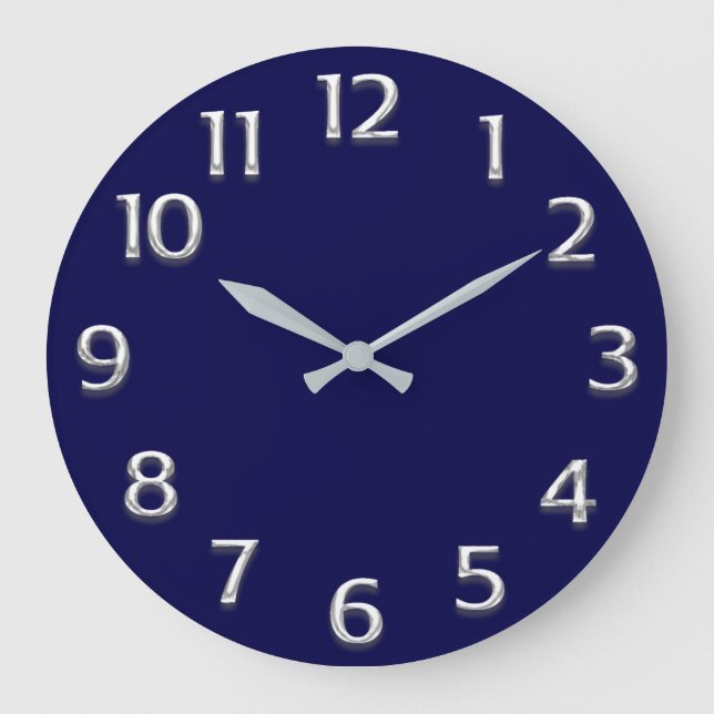 3D  Effect Silver GRAY Minimalism Modern Blue Navy Large Clock (Front)