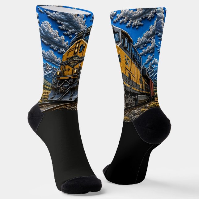 3D Effect Yellow Diesel Locomotive Engine Train Socks (Angled)