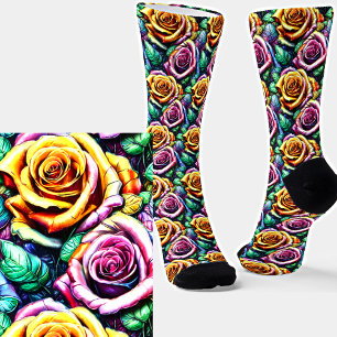 3D Effect Yellow Mauve Rose Flowers  Socks