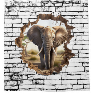 3D Elephant Wall Break Art – Realistic Safari (2) Shower Curtain