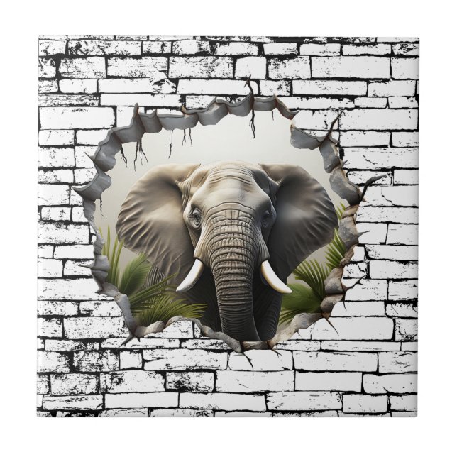 3D Elephant Wall Break Art – Realistic Safari Ceramic Tile (Front)