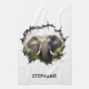 3D Elephant Wall Break Art – Realistic Safari Tea Towel