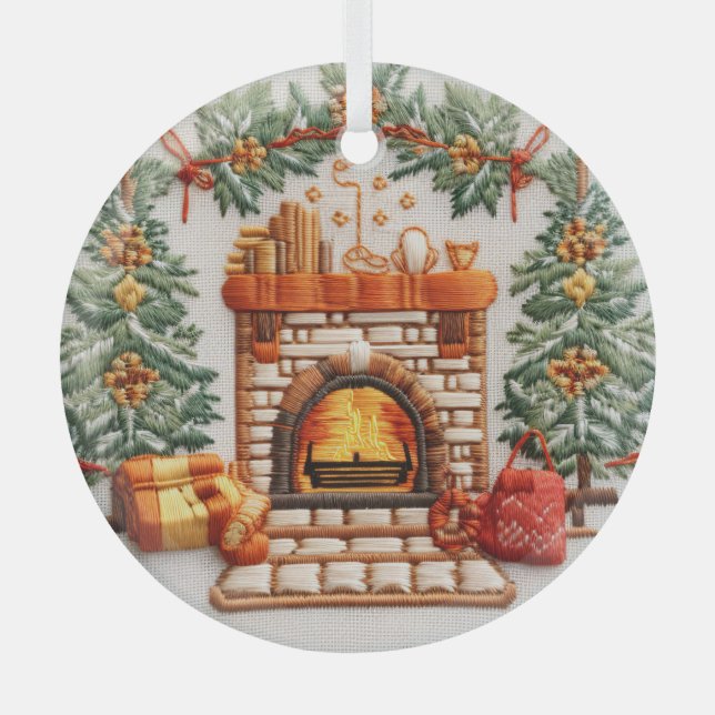 3D Embroidered fireplace Christmas ornaments (Front)