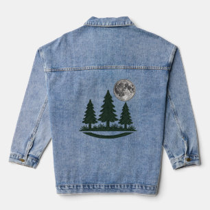 3D Embroidered Forest Pine Trees & Full Moon Denim Jacket
