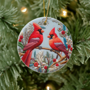 3D Embroidered Look Cardinal Red Birds Christmas Ceramic Ornament