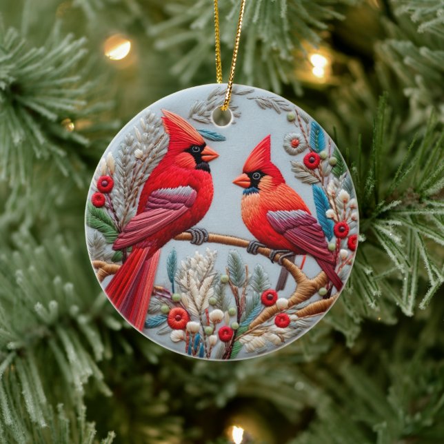 3D Embroidered Look Cardinal Red Birds Christmas Ceramic Ornament (Tree)